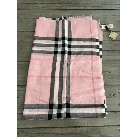 NEW BURBERRY Giant Check Wool Silk Gauze Scarf Ash Rose 220x70cm - Picture 8 of 13